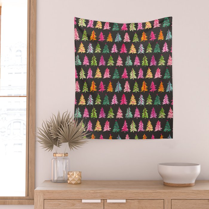 Colorful Vintage Bottlebrush Christmas Trees on Black Wall Tapestry Gallery Image 2