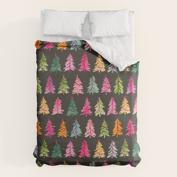 Colorful Vintage Bottlebrush Christmas Trees on Black Duvet Cover Gallery Image 6