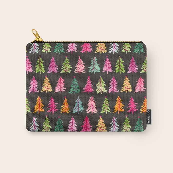Colorful Vintage Bottlebrush Christmas Trees on Black Carry All Pouch Gallery Image 1