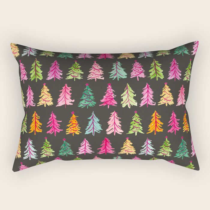 Colorful Vintage Bottlebrush Christmas Trees on Black Rectangular Pillow Gallery Image 1