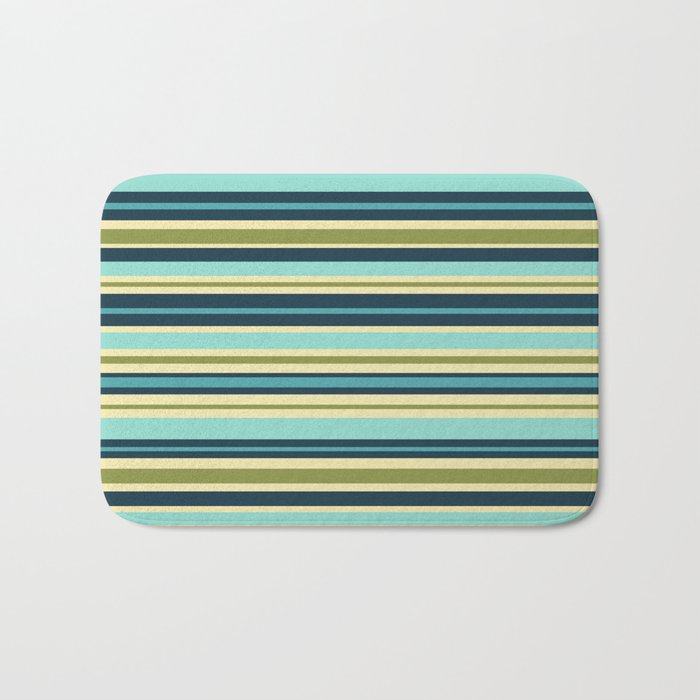 Stripes in Blue Aqua Olive Vanilla Bath Mat Gallery Image 1