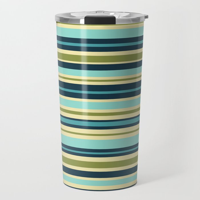 Stripes in Blue Aqua Olive Vanilla Travel Mug Gallery Image 1