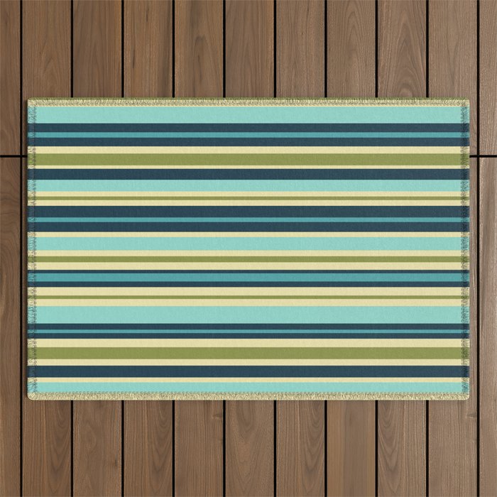 Stripes in Blue Aqua Olive Vanilla Outdoor Rug Gallery Image 1