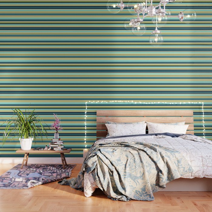 Stripes in Blue Aqua Olive Vanilla Wallpaper Gallery Image 3