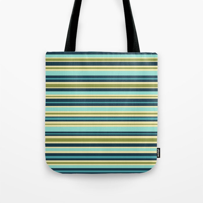 Stripes in Blue Aqua Olive Vanilla Tote Bag Gallery Image 1