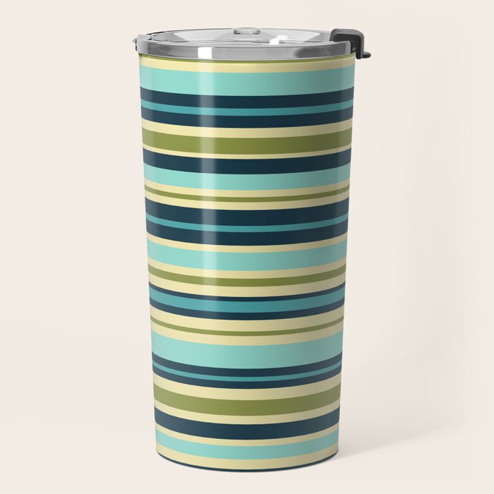 Stripes in Blue Aqua Olive Vanilla Travel Mug Gallery Image 2