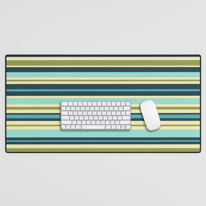 Stripes in Blue Aqua Olive Vanilla Desk Mat Gallery Image 1