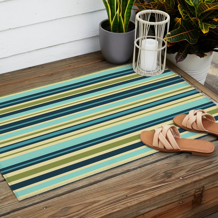 Stripes in Blue Aqua Olive Vanilla Outdoor Rug Gallery Image 2