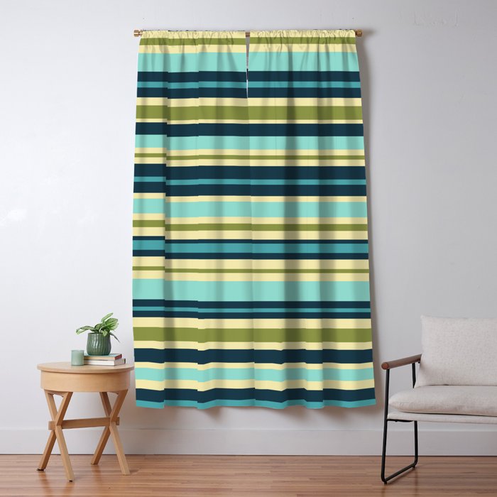 Stripes in Blue Aqua Olive Vanilla Window Curtain Gallery Image 1