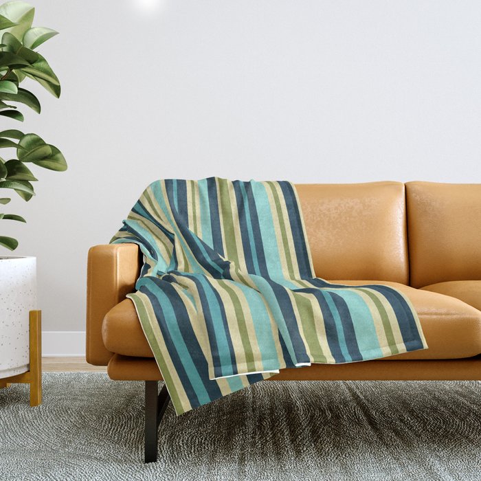 Stripes in Blue Aqua Olive Vanilla Throw Blanket Gallery Image 1