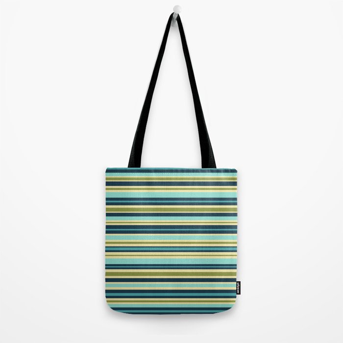 Stripes in Blue Aqua Olive Vanilla Tote Bag Gallery Image 2