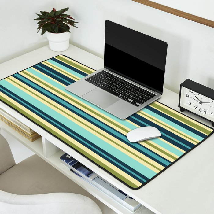 Stripes in Blue Aqua Olive Vanilla Desk Mat Gallery Image 2