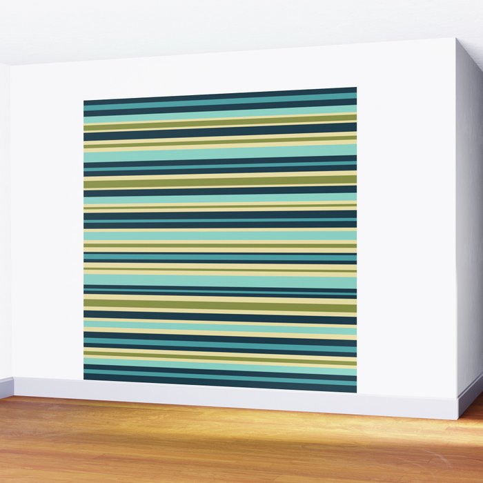 Stripes in Blue Aqua Olive Vanilla Wall Mural Gallery Image 2