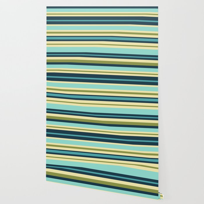 Stripes in Blue Aqua Olive Vanilla Wallpaper Gallery Image 2