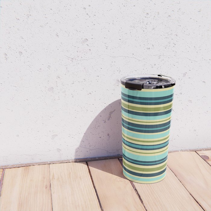 Stripes in Blue Aqua Olive Vanilla Travel Mug Gallery Image 4