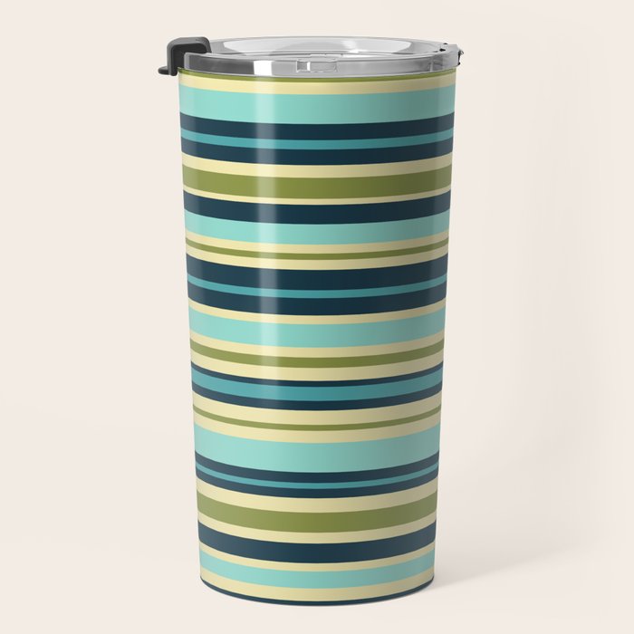 Stripes in Blue Aqua Olive Vanilla Travel Mug Gallery Image 3