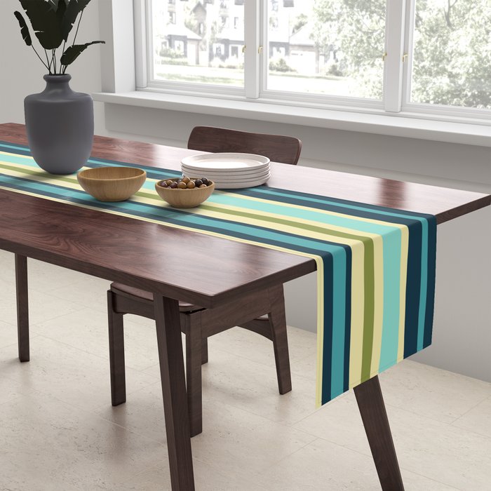 Stripes in Blue Aqua Olive Vanilla Table Runner Gallery Image 2