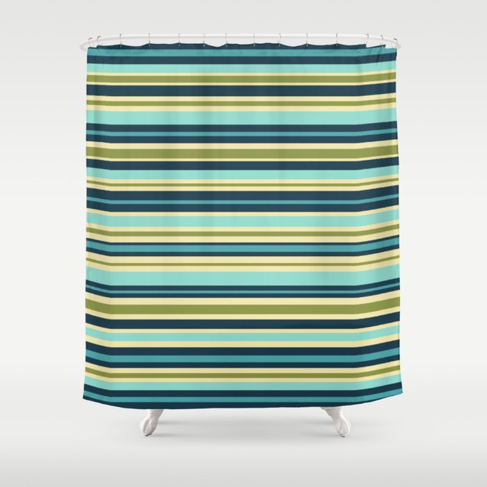Stripes in Blue Aqua Olive Vanilla Shower Curtain Gallery Image 1