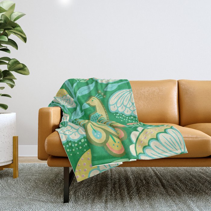 Peacock Dreams - Electric Green Throw Blanket Gallery Image 1