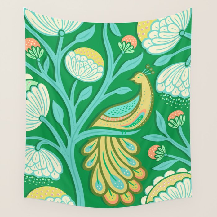 Peacock Dreams - Electric Green Wall Tapestry Gallery Image 1
