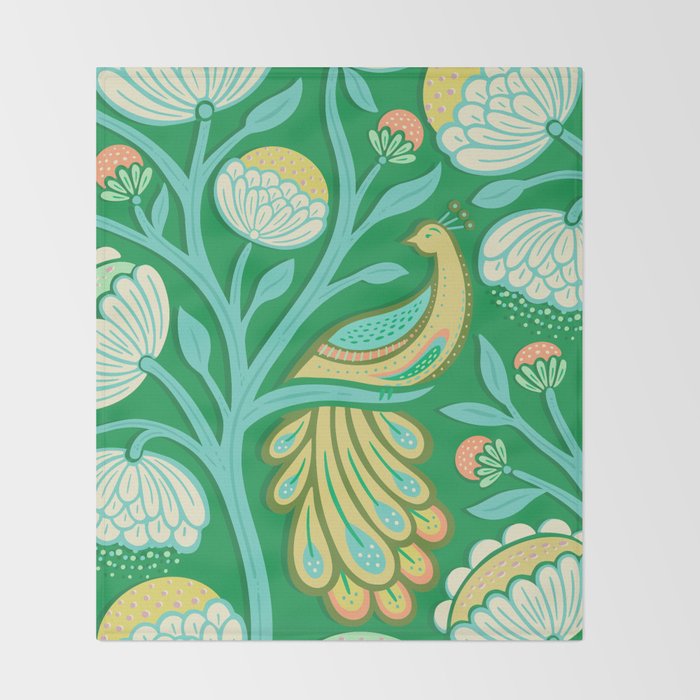 Peacock Dreams - Electric Green Throw Blanket Gallery Image 2