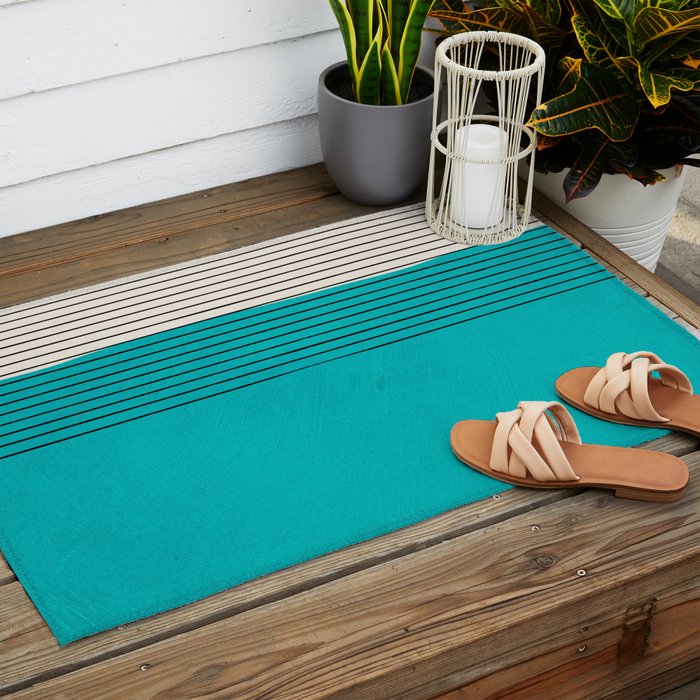 Turquoise Minimalist Digital Painting Artwork Black Lines Outdoor Rug Gallery Image 2