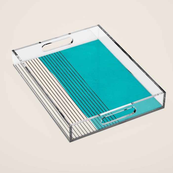 Turquoise Minimalist Digital Painting Artwork Black Lines Acrylic Tray Gallery Image 1