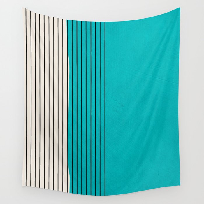 Turquoise Minimalist Digital Painting Artwork Black Lines Wall Tapestry Gallery Image 1