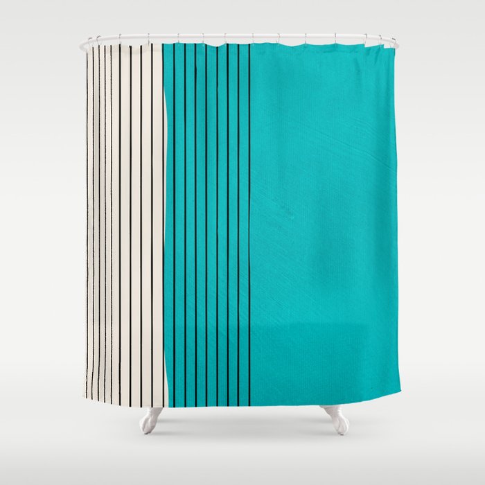Turquoise Minimalist Digital Painting Artwork Black Lines Shower Curtain Gallery Image 1