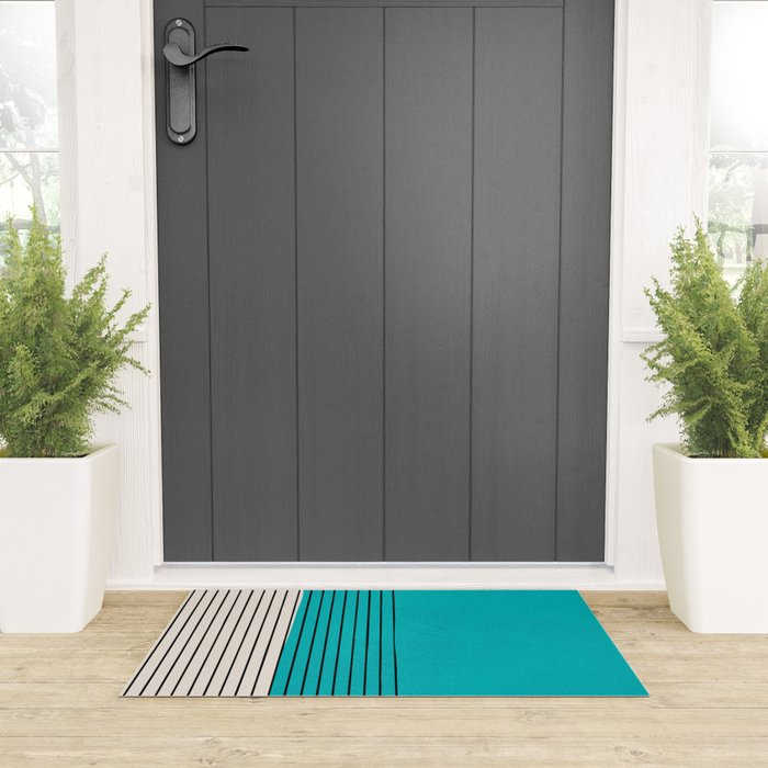Turquoise Minimalist Digital Painting Artwork Black Lines Welcome Mat Gallery Image 3