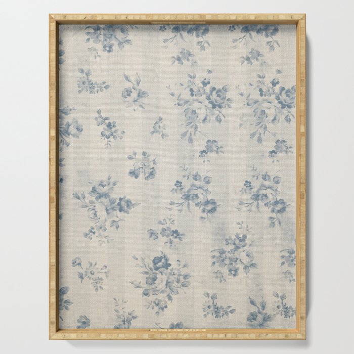 Rustic vintage bohemian blue white stripes elegant floral Serving Tray Gallery Image 1