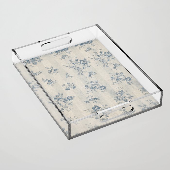 Rustic vintage bohemian blue white stripes elegant floral Acrylic Tray Gallery Image 1