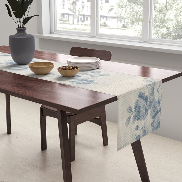 Rustic vintage bohemian blue white stripes elegant floral Table Runner Gallery Image 2