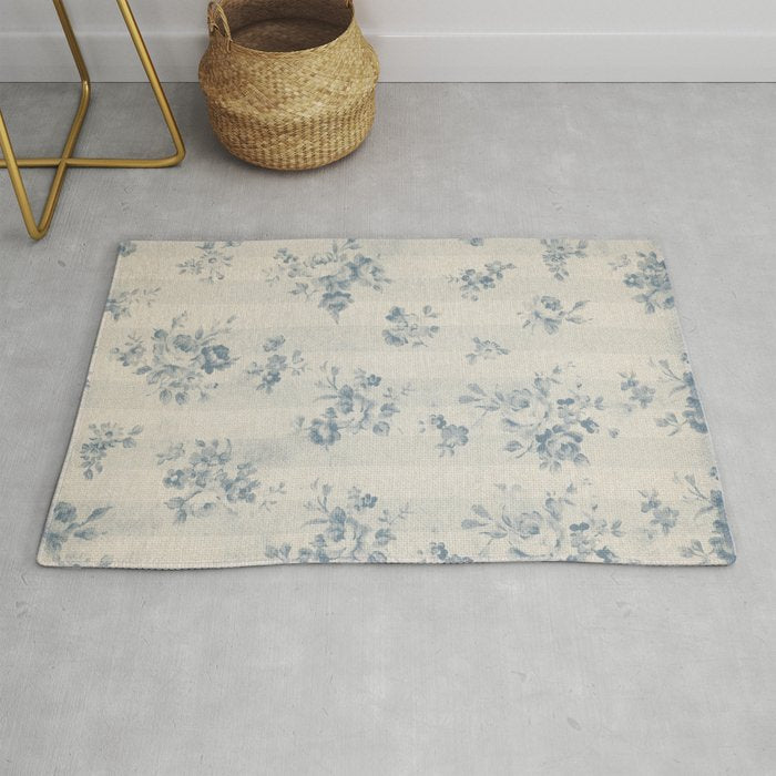 Rustic vintage bohemian blue white stripes elegant floral Rug Gallery Image 1