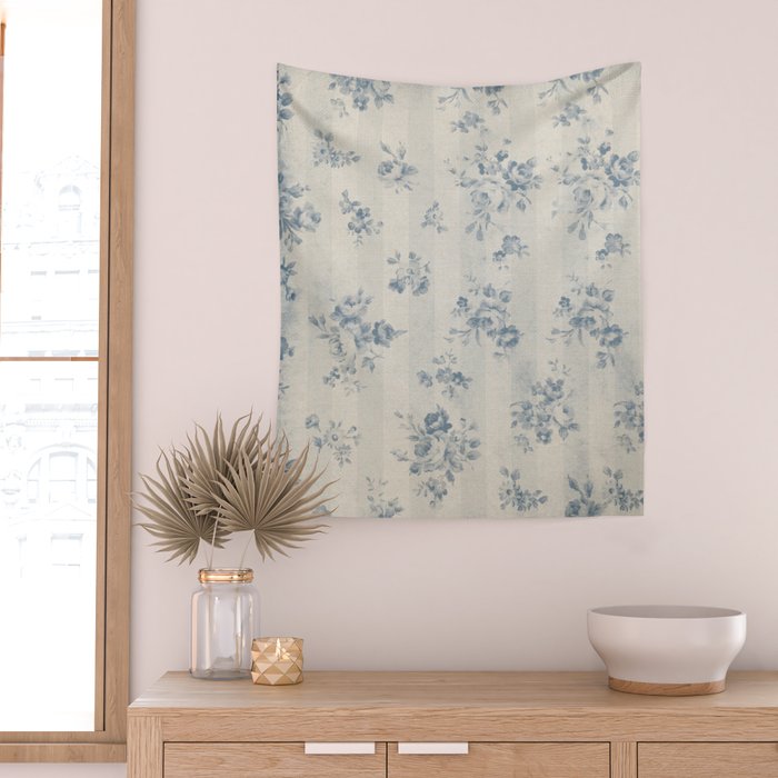 Rustic vintage bohemian blue white stripes elegant floral Wall Tapestry Gallery Image 2
