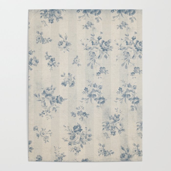 Rustic vintage bohemian blue white stripes elegant floral Poster Gallery Image 1