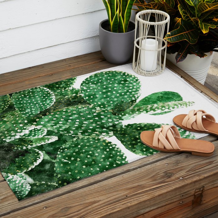 Velvet Cactus | Watercolor Botanical Plants | Minimal Boho Scandinavian Painting Outdoor Rug Gallery Image 2