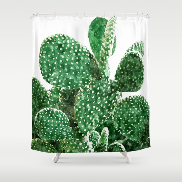 Velvet Cactus | Watercolor Botanical Plants | Minimal Boho Scandinavian Painting Shower Curtain Gallery Image 1