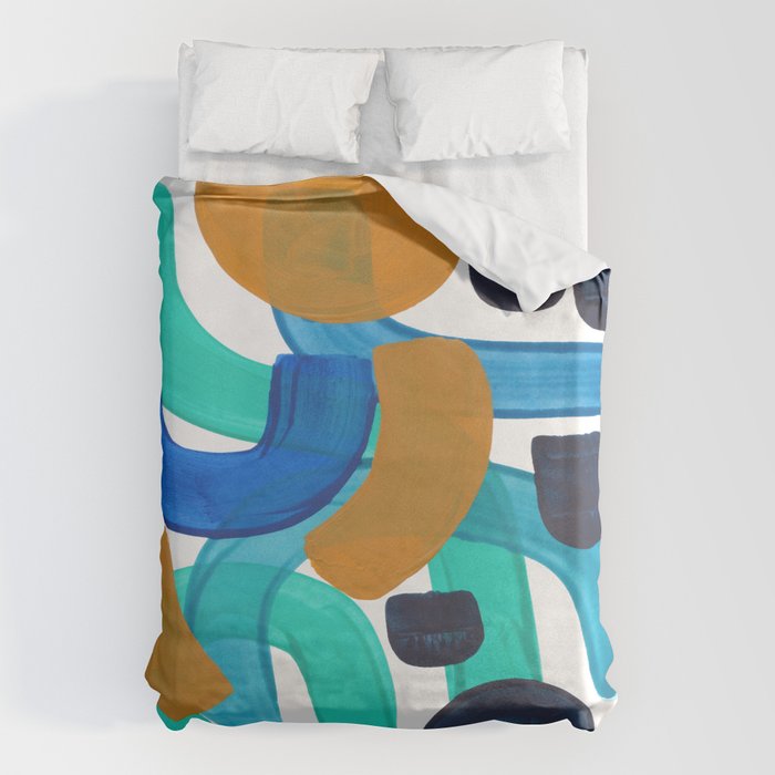 Minimalist Abstract Mid Century Modern Colorful Shapes Marine Green Teal Blue Yellow Pattern Duvet Cover Gallery Image 1