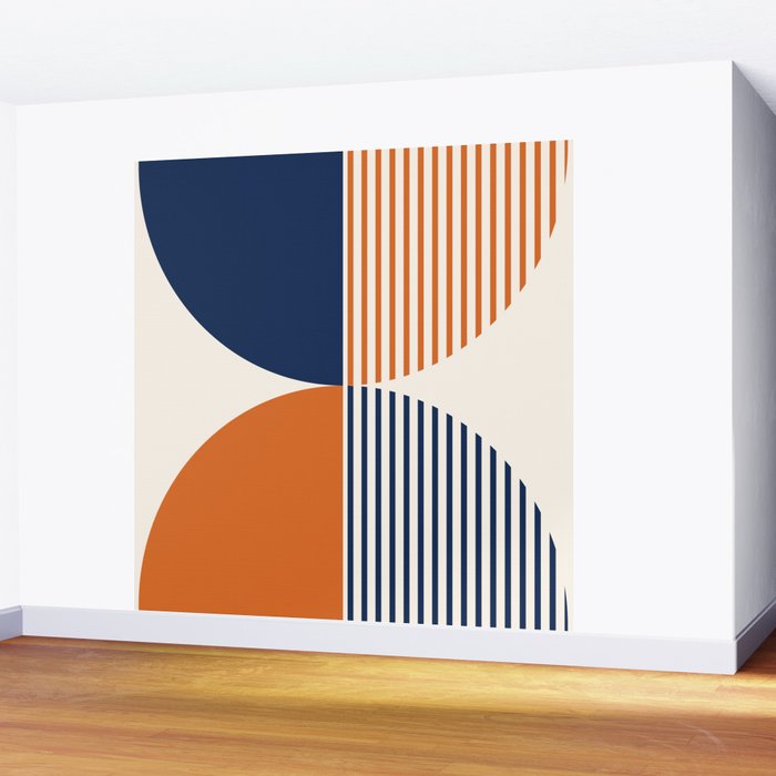 Abstraction Shapes 135 in Navy Blue Orange (Moon Phase Abstract)  Wall Mural Gallery Image 2