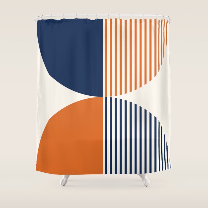 Abstraction Shapes 135 in Navy Blue Orange (Moon Phase Abstract)  Shower Curtain Gallery Image 1