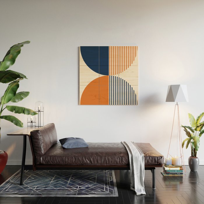 Abstraction Shapes 135 in Navy Blue Orange (Moon Phase Abstract)  Wood Wall Art Gallery Image 2