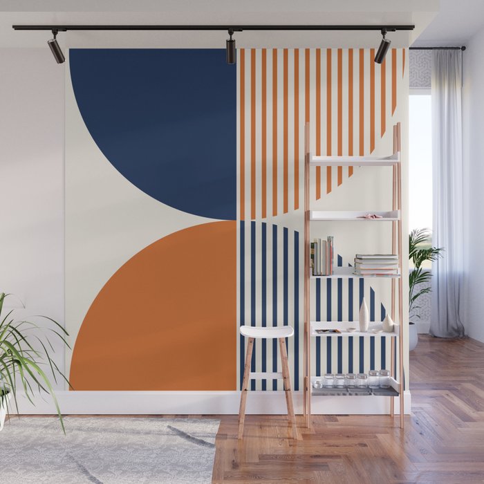 Abstraction Shapes 135 in Navy Blue Orange (Moon Phase Abstract)  Wall Mural Gallery Image 1