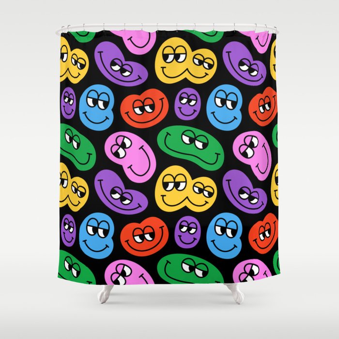 Colorful retro smiling face cartoon pattern Shower Curtain Gallery Image 1