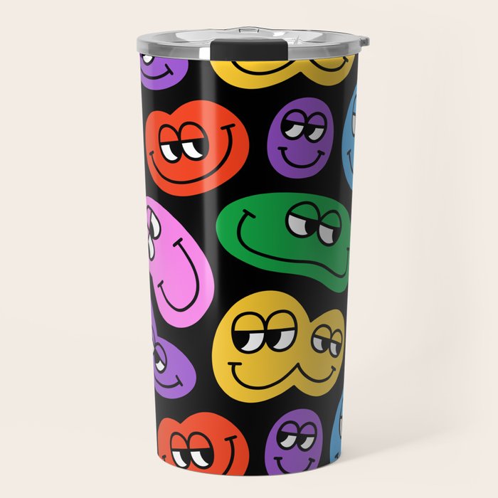 Colorful retro smiling face cartoon pattern Travel Mug Gallery Image 1