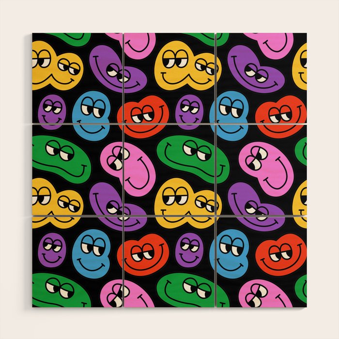 Colorful retro smiling face cartoon pattern Wood Wall Art Gallery Image 1