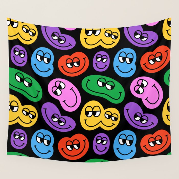 Colorful retro smiling face cartoon pattern Wall Tapestry Gallery Image 4