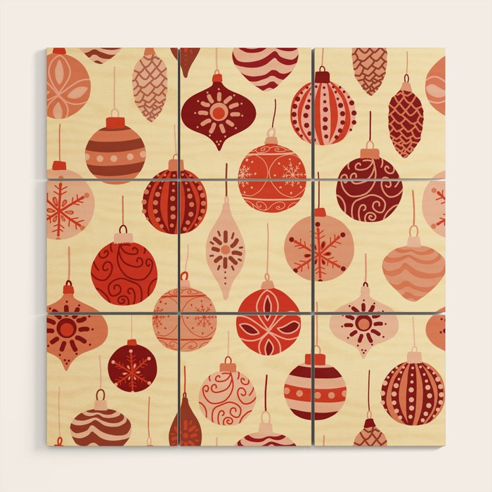 Christmas Ornaments Red Pink Beige Pattern Wood Wall Art Gallery Image 1