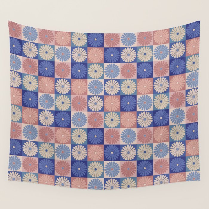 Retro Flowers Check Pattern XIII Wall Tapestry Gallery Image 1