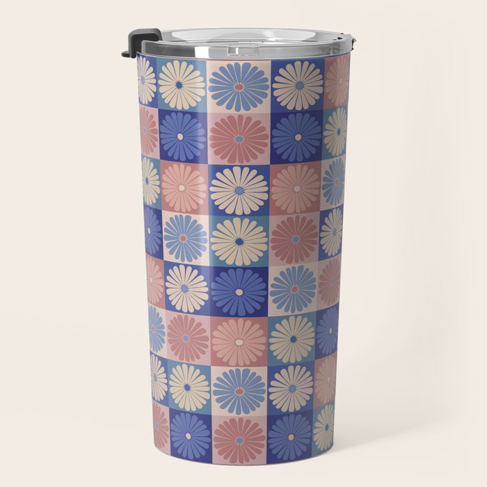 Retro Flowers Check Pattern XIII Travel Mug Gallery Image 3